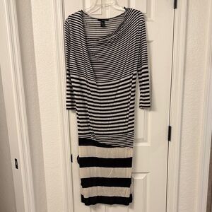 Mango Black and Cream Striped Long Sleeve Dress